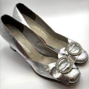Jacques Levine Couture Silver Leather Slippers Size 8.5 Narrow